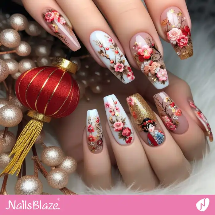 Floral Chinese New Year's Nail Design | 2024 Nails - NB3727